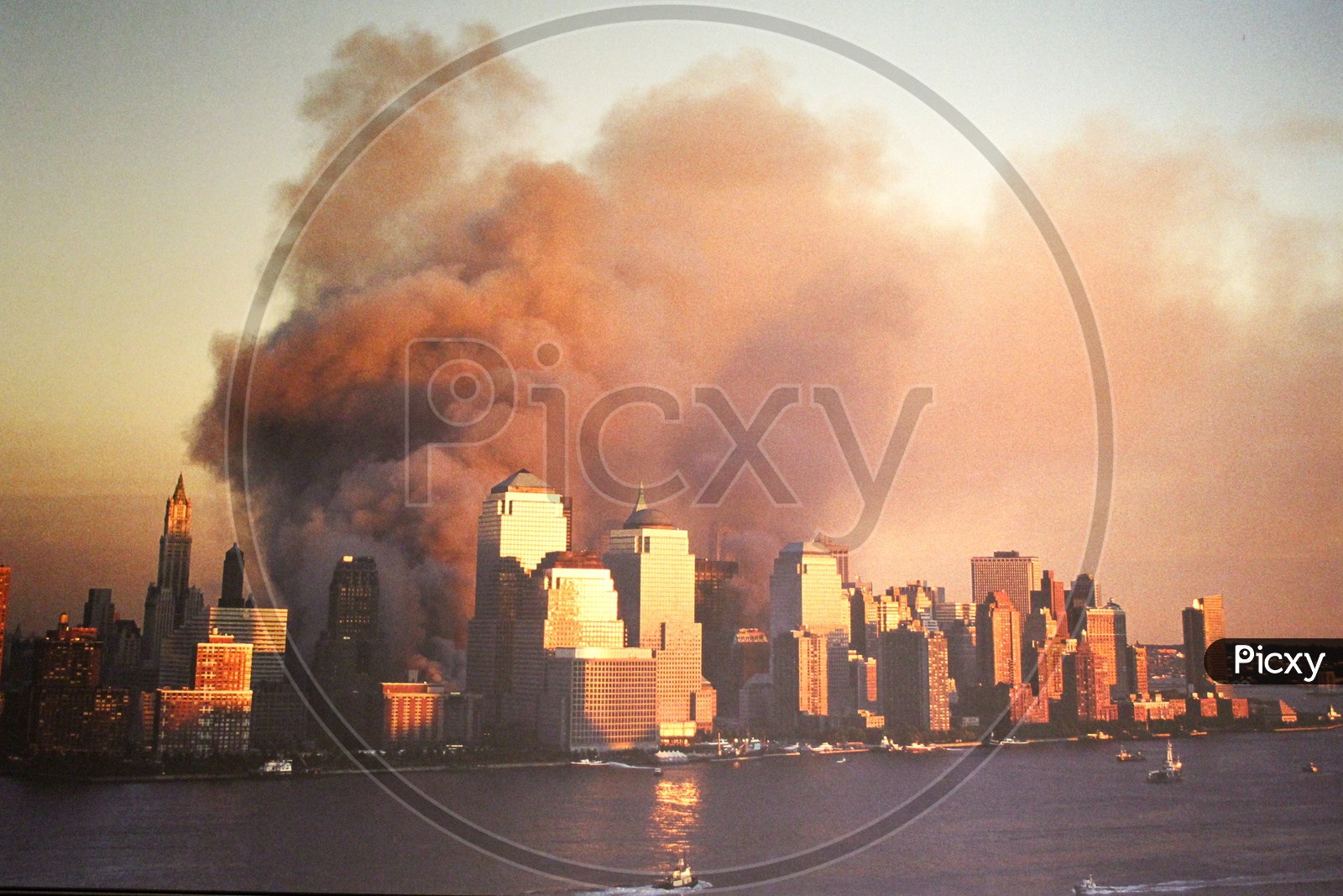 Collapsing of World Trade Center Twin Towers during the attack on 9/11.
