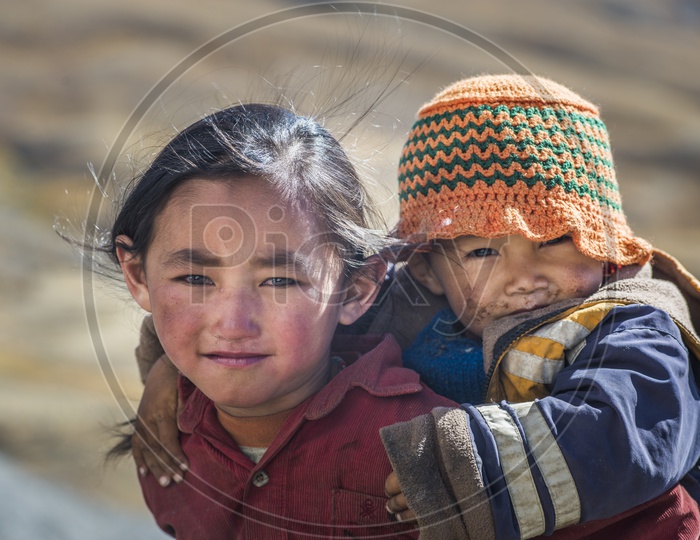 Sister with her younger brother in Hikkim Village, Spiti Valley