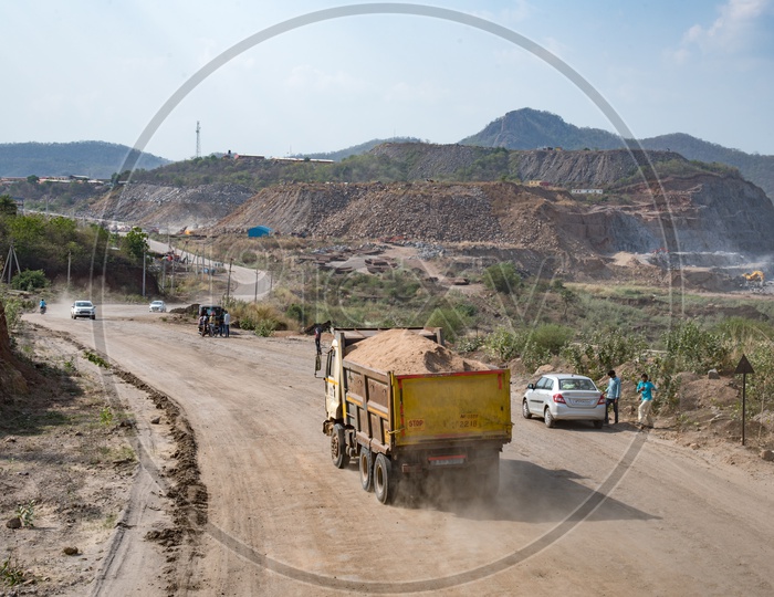 A Lorry carrying Sand to the COnstruction Site of Polavaram Irrigation Project Dam