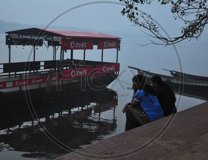 Girls on Ghat, Passenger Boat on Godavari River