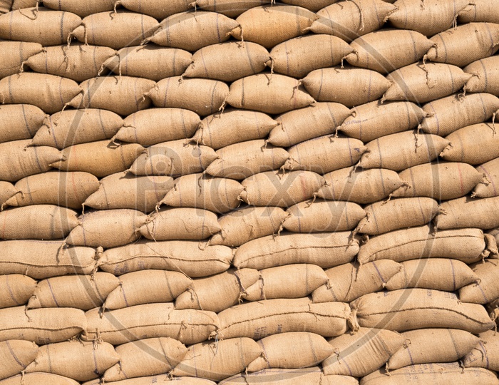Rice stored in jute gunny bags