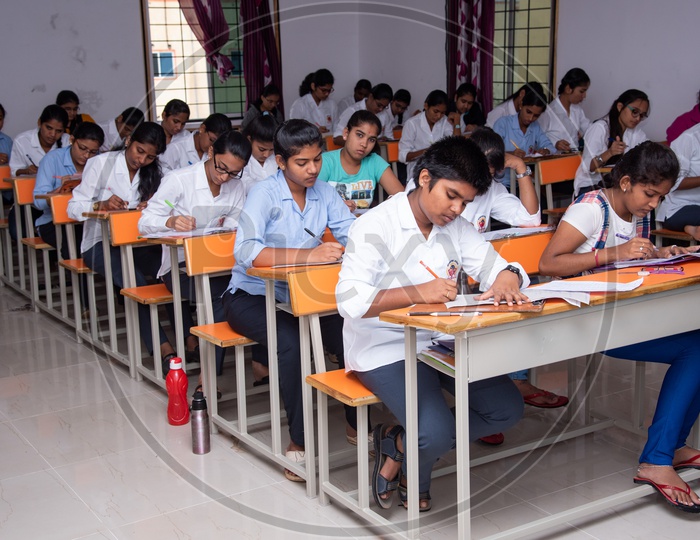 Students in an examination hall in an educational institute in Telangana