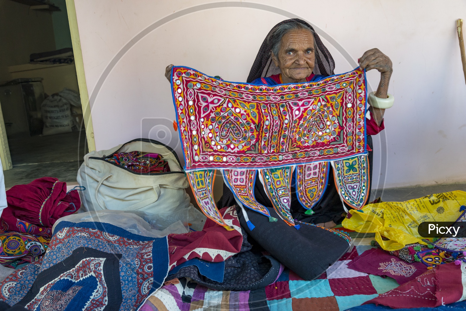 Old women showing Handlooms at Sumarsar Sekh Village, Kutch