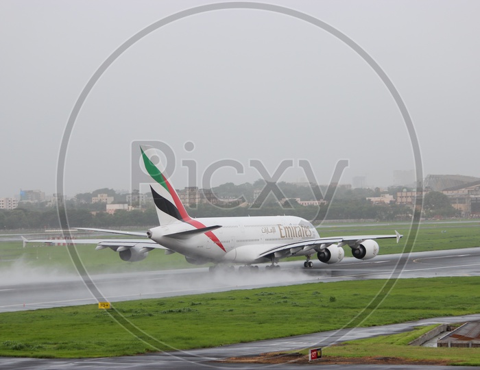 Emirates Airbus A380 taking off from mumbai