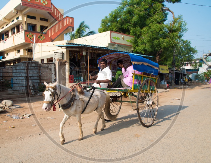Horse driven cart to transport pilgrims at Yadagirigutta temple town.