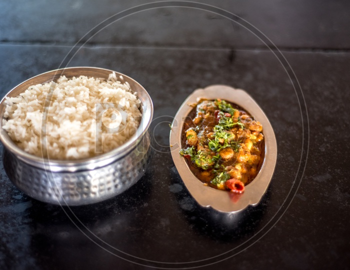 prawns curry and white rice at sea inn ( raju gaari dhaba )