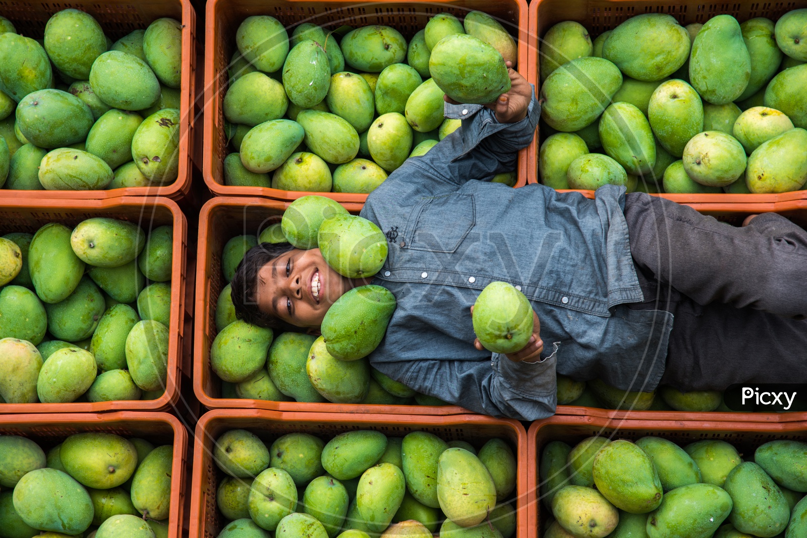 A kid posing to camera with their Mango yield at Kothapet Fruit Market.
