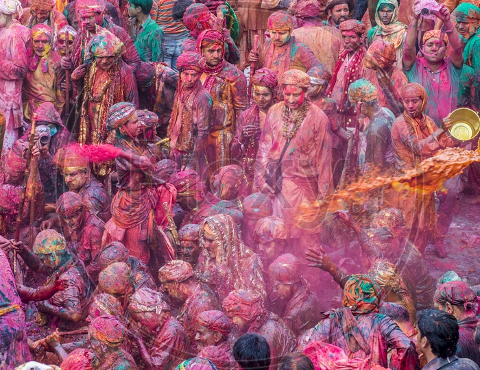 People celebrating Holi Festival in Nandgaon, Brij Mathura