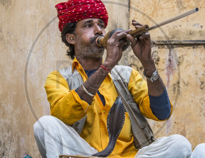 Snake Charmer man in Turban Playing Musical Instrument before Snake at a Basket