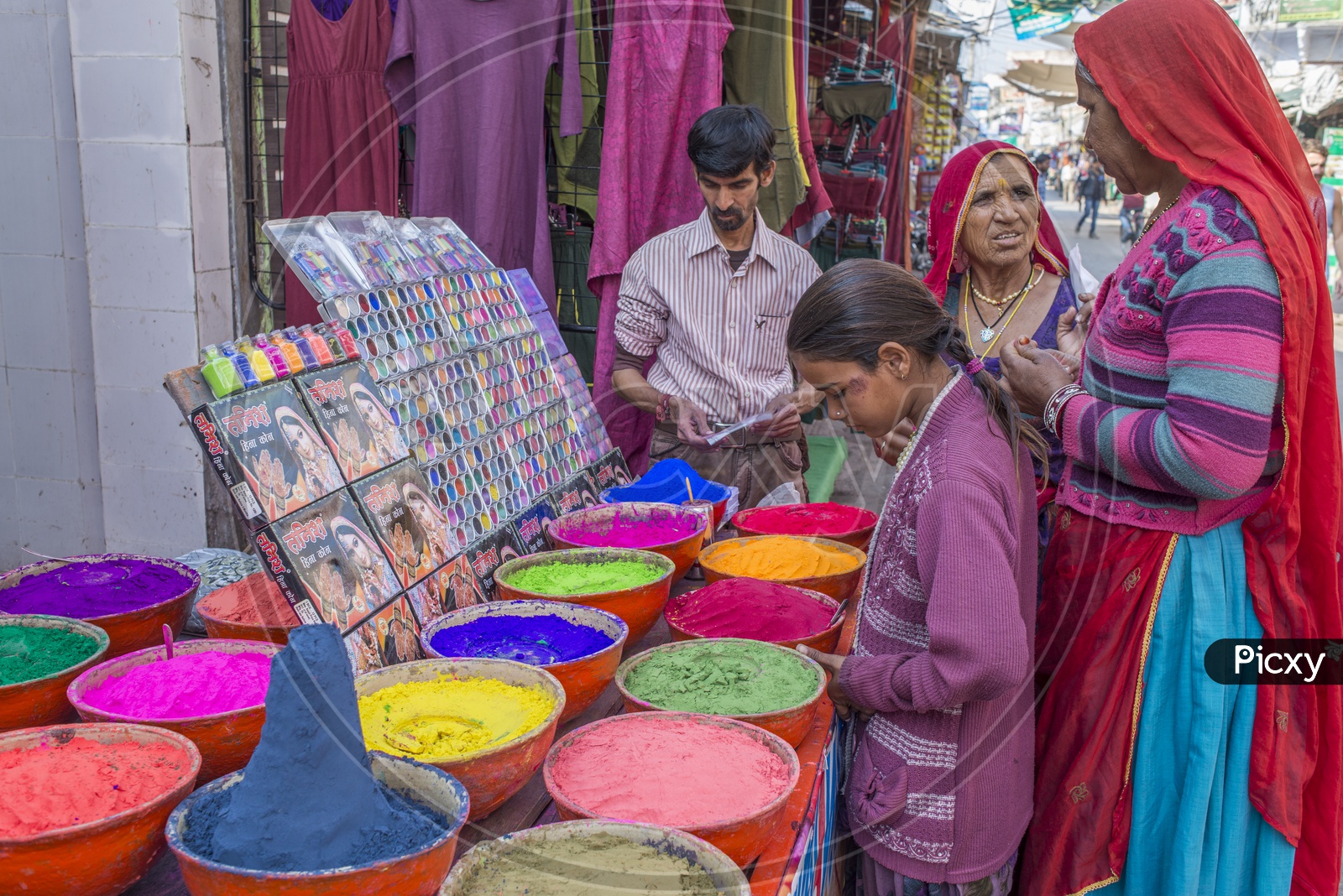 Rajasthani Women Buying Colors for Holi Festival, Pushkar