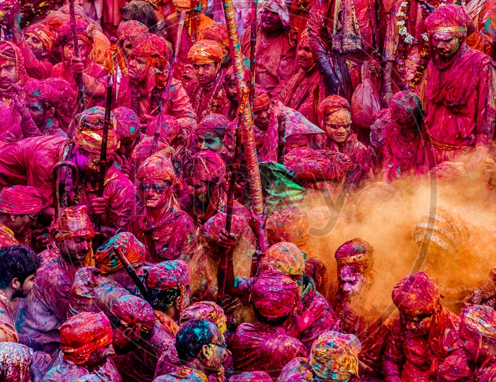 People celebrating Holi Festival in Nandgaon, Brij Mathura