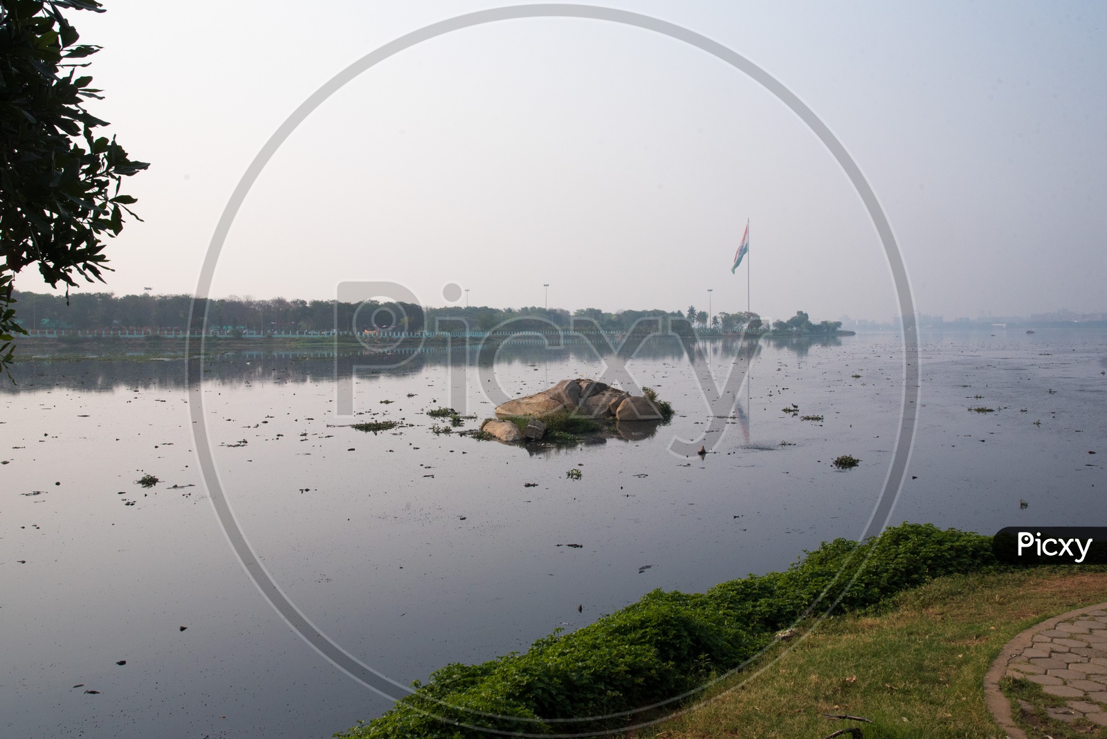 Hussain Sagar lake filled with debris and hyacinth plants