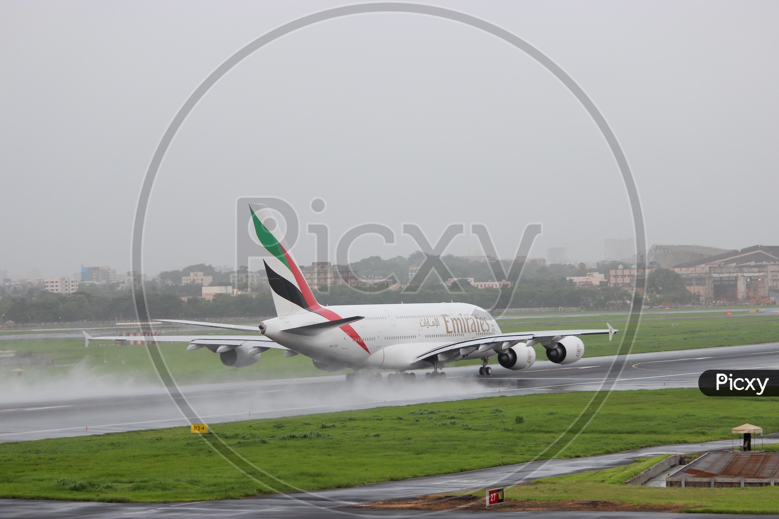 Emirates Airbus A380 taking off from mumbai