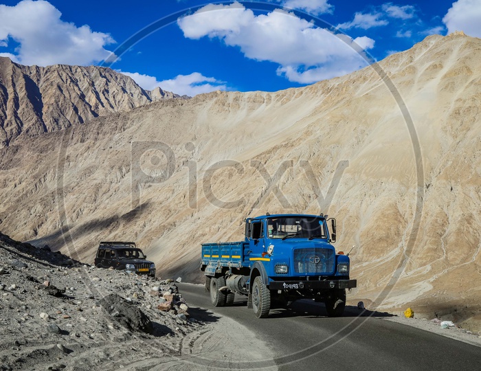 Trucks and Tourist Vehicles of Leh ladakh Area.