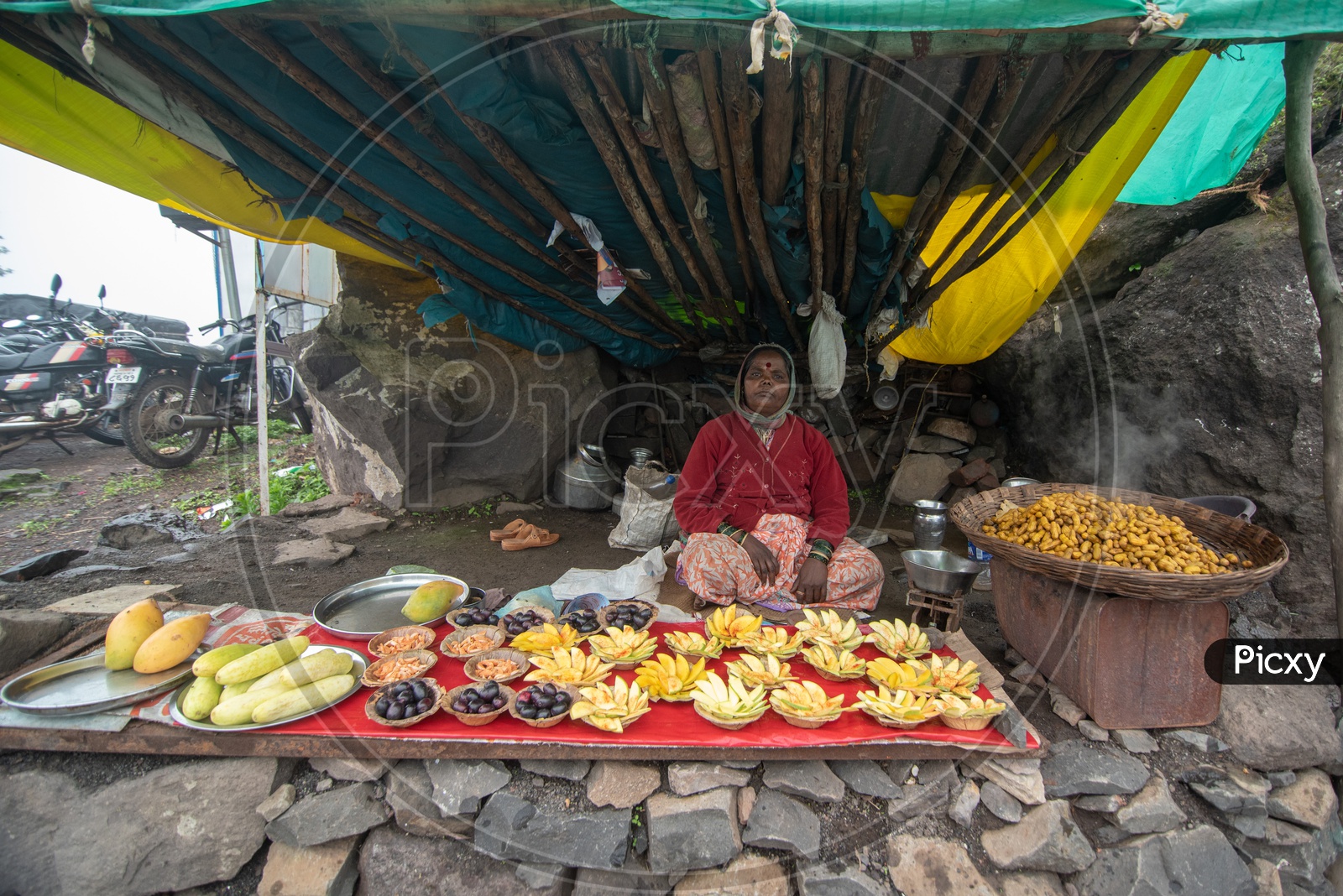 Vendor selling manoges, berries, peanuts and corn at Sinhagad Fort