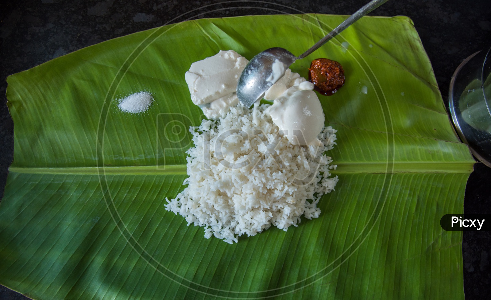 Curd being put on a Banana leaf(indian traditional plate)