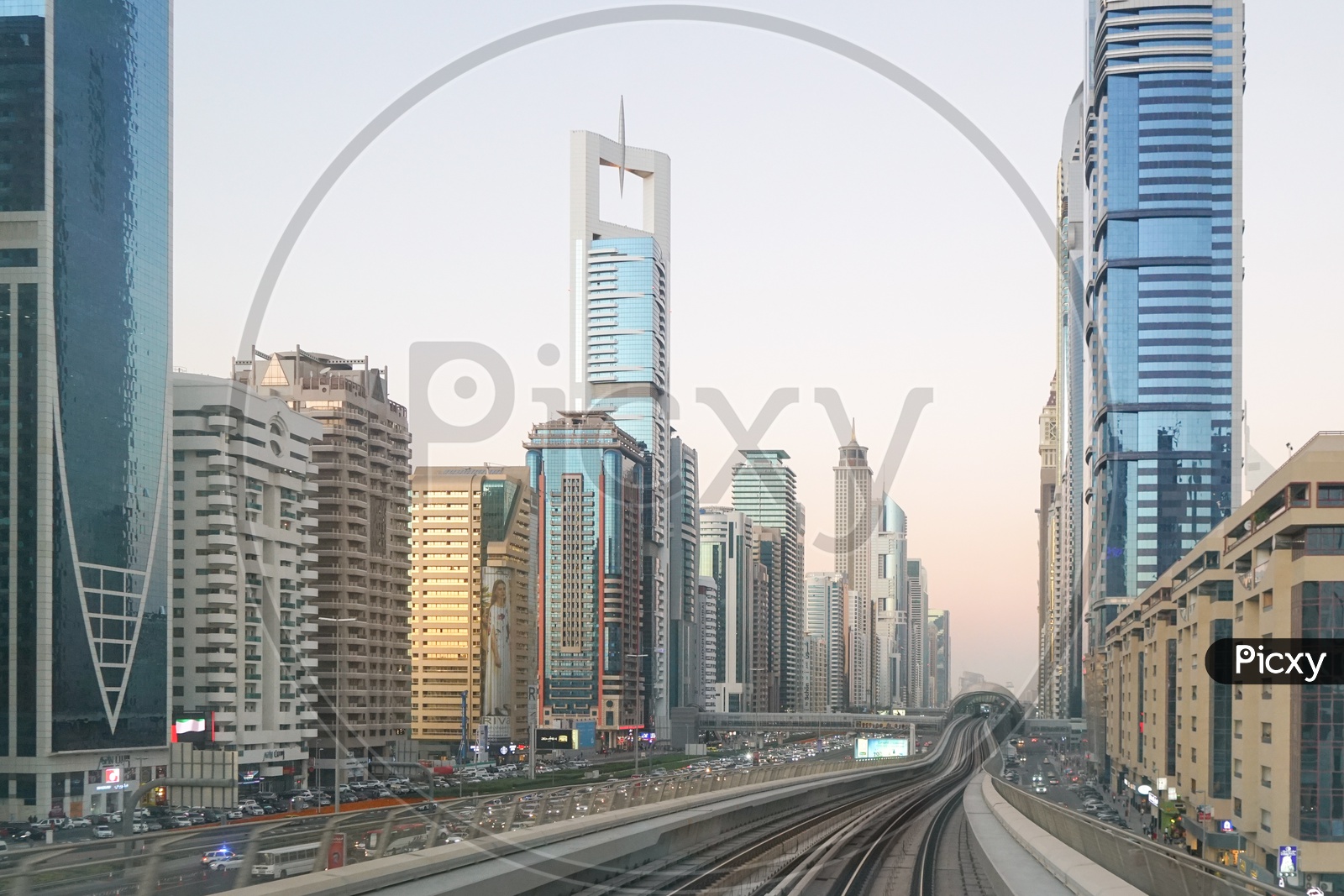 Dubai Metro Rail passing through the Skyscrapers