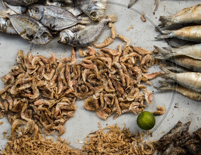 Sun dried fishes and prawns.