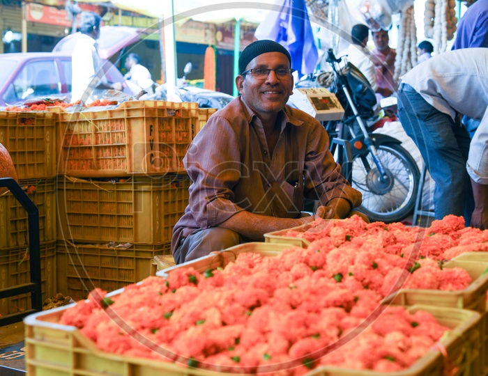 Flower vendor at flower market in Hyderabad