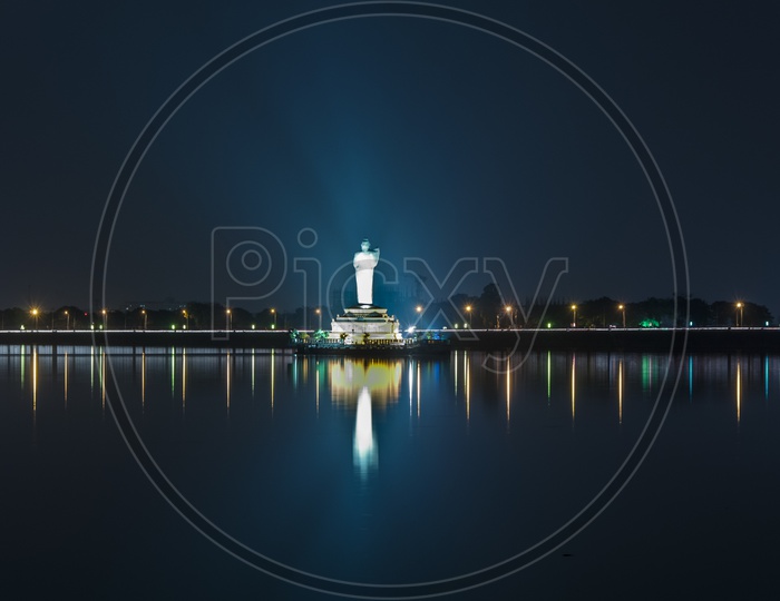 Night view of Buddha Statue in Tank Bund, Hussain Sagar Lake, Hyderabad