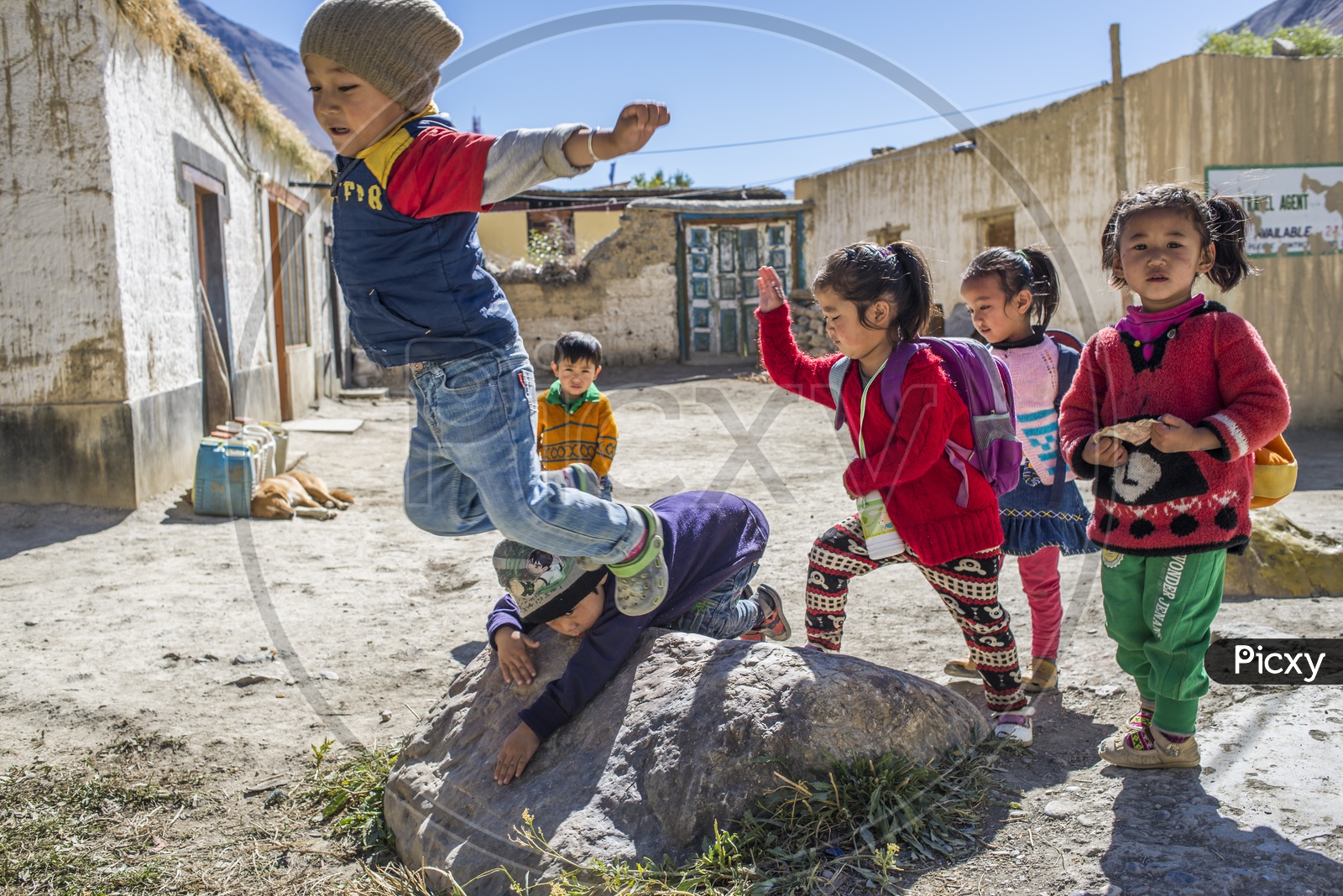 School Kids playing near Tabo Monastery, Spiti Valley