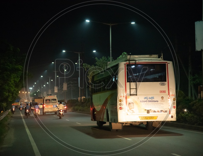 An APSRTC Bus of Kakinada Depot enroute to Vijayawada Bustand PNBS under the LED street Lights..
