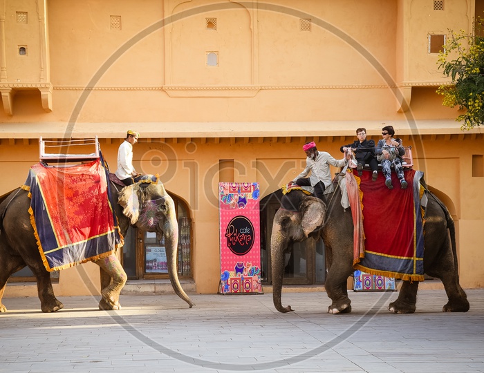 Tourists riding on Elephants inside Amer Fort