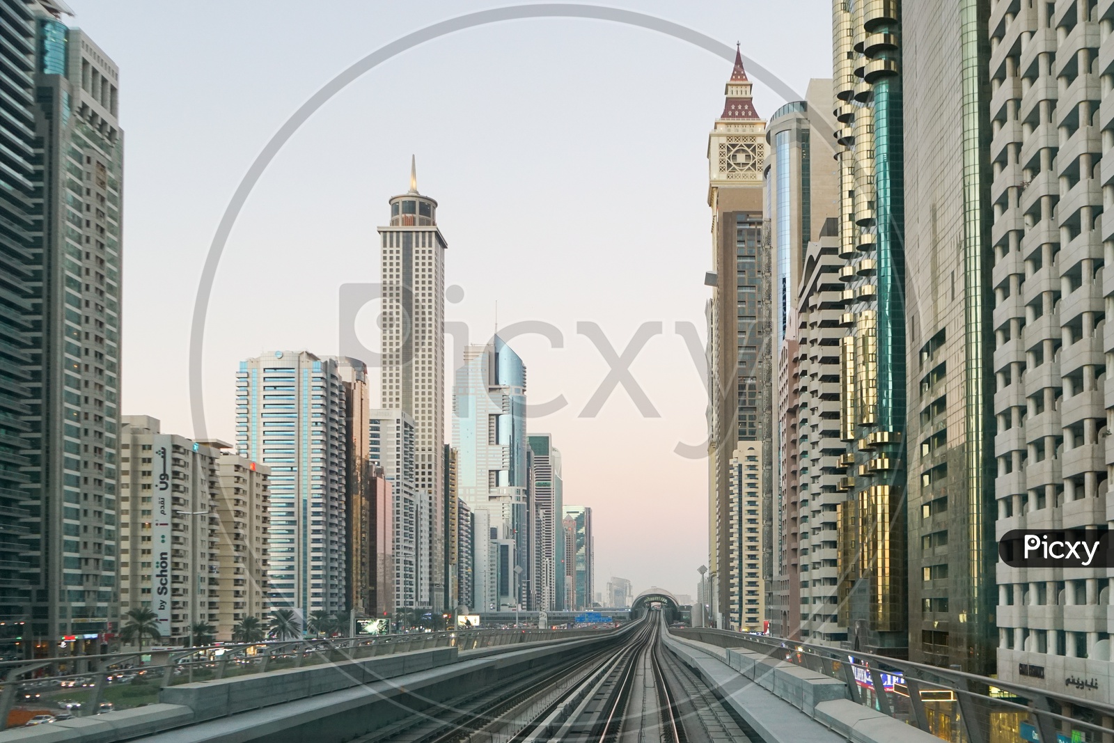 Dubai Metro Rail passing through the Skyscrapers