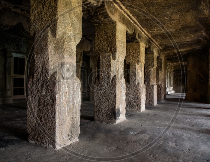 Pillars in Undavalli caves.