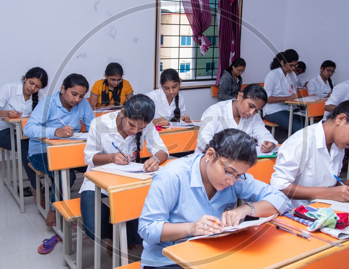 Students in an examination hall in an educational institute in Telangana