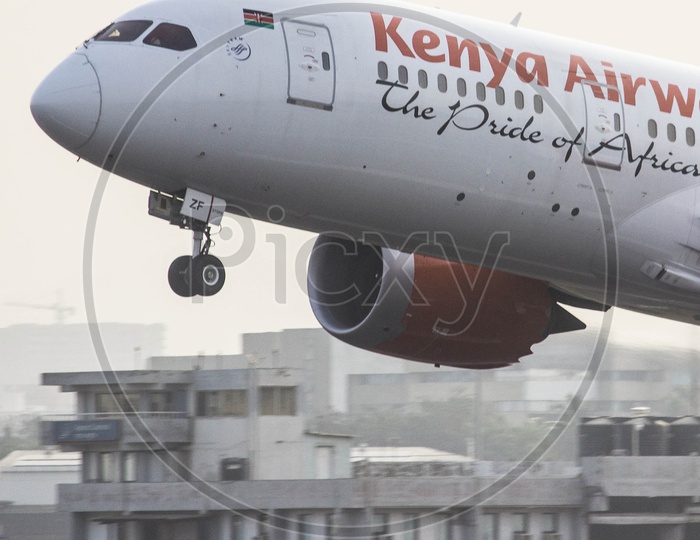 Kenya airways B787 taking off from mumbai for nairobi.