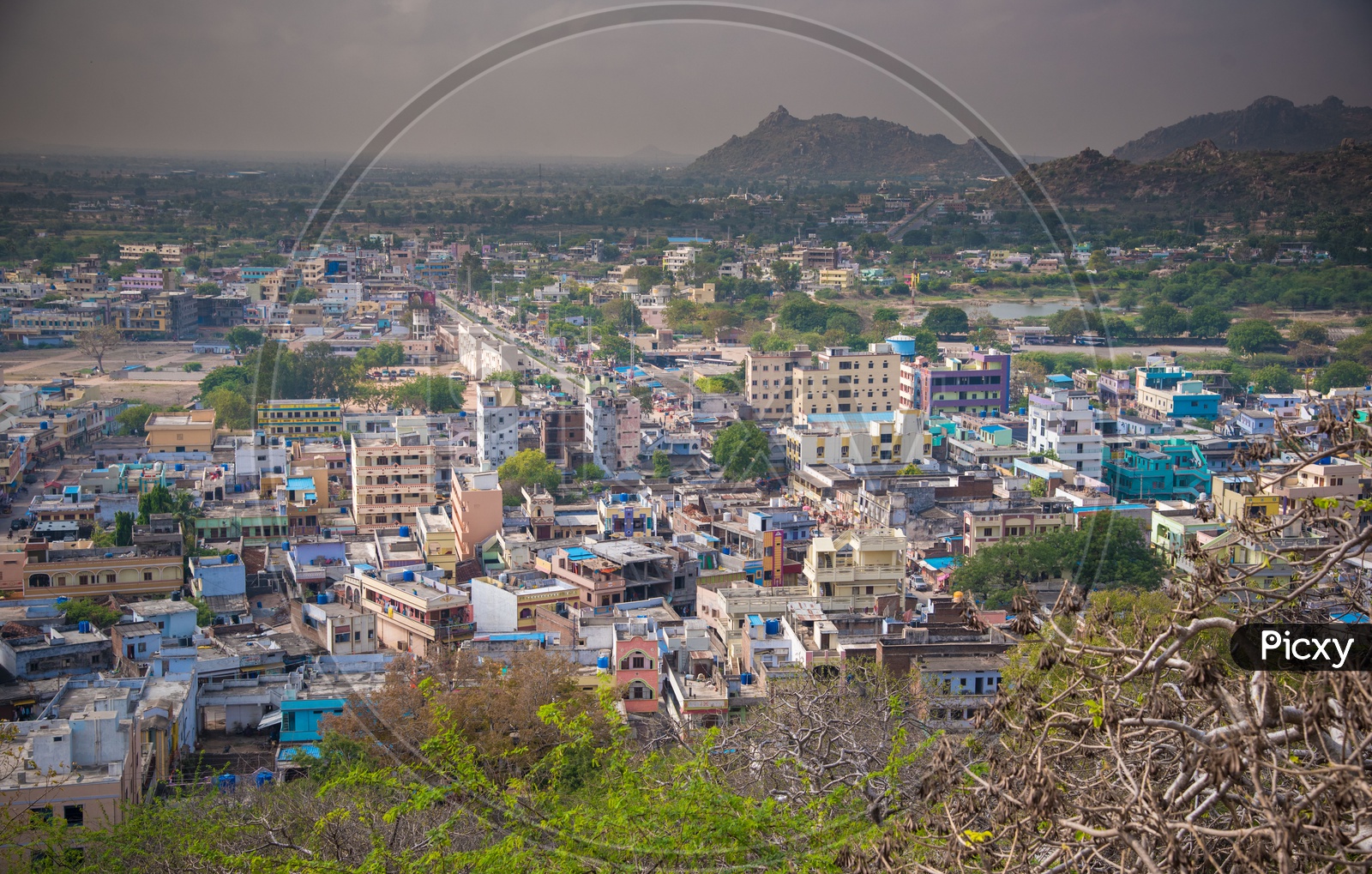 Yadagiri town hilltop view with Raigiri in the background