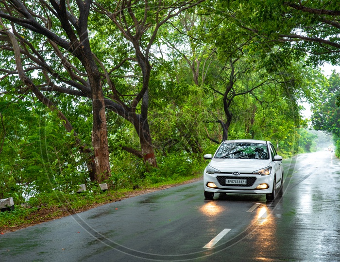 A car cruising through green cover near Manchikalapudi on tenali Road.