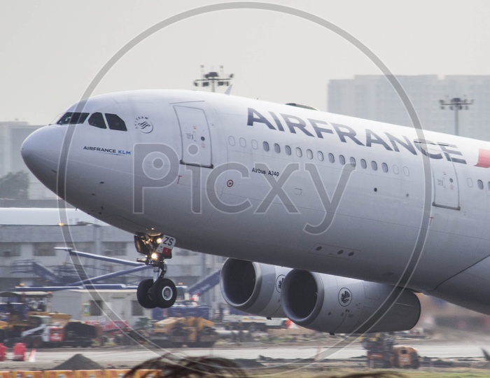 Air France A340 taking off from mumbai for paris.