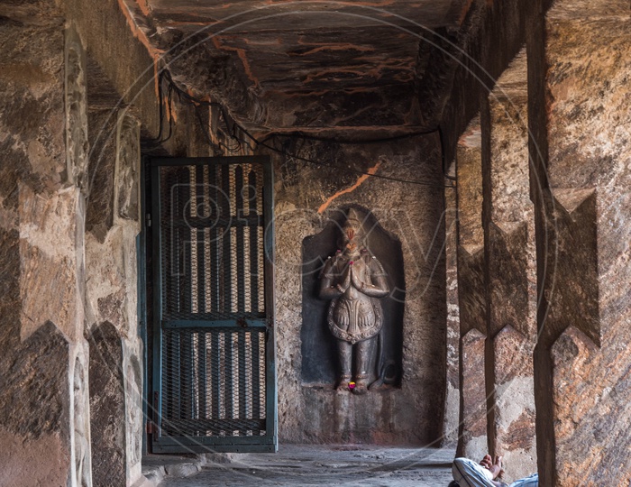 Hanuman Sculpture at the entrance of Anantasayana Vishnu Temple in Undavalli Caves.