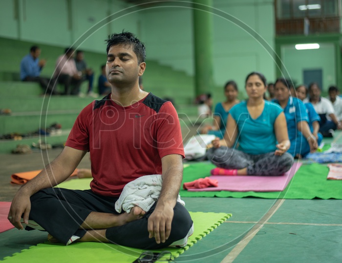 Residents of Vijayawada practising Yoga, International Yoga Day, 2018