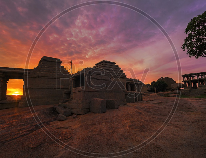 Magical sunset and Ancient ruins of Hampi