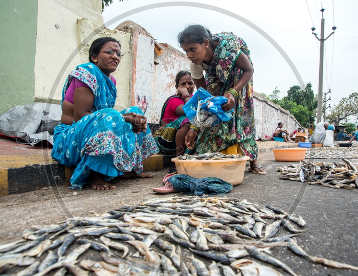 fisherwomen  laying the catch