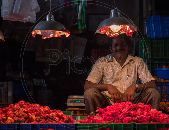 Flower Vendor at Koyambedu Flower Market Complex, Wholesale Market Complex, Koyambedu, Chennai, Tamil Nadu, India
