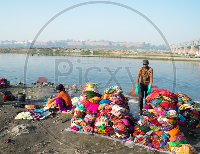 Washermen on banks of river Yamuna in Agra