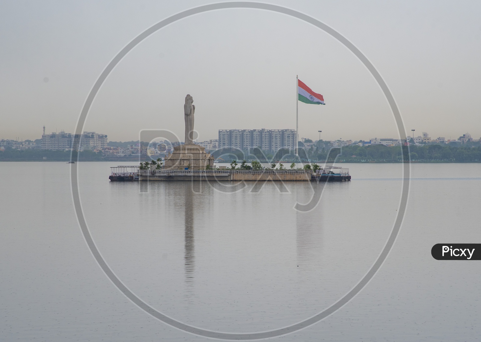 Buddha Statue on Hussain Sagar Lake with the Indian Flag in background