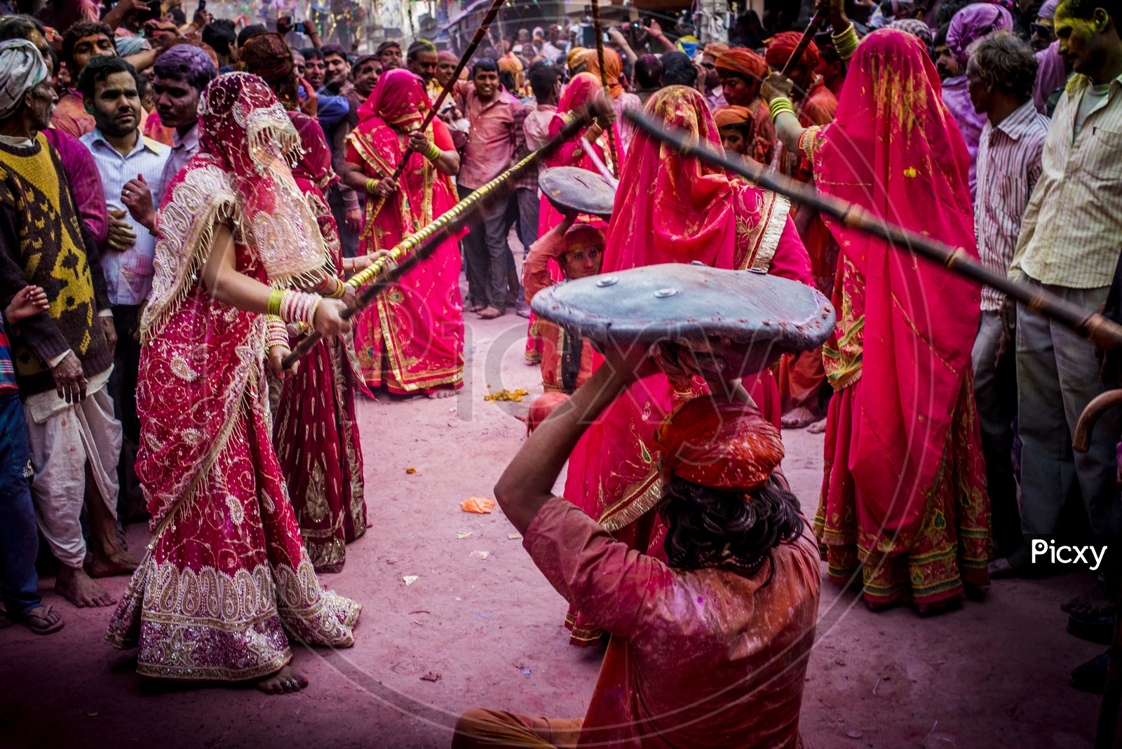 People celebrating Holi Festival in Barsana, Mathura