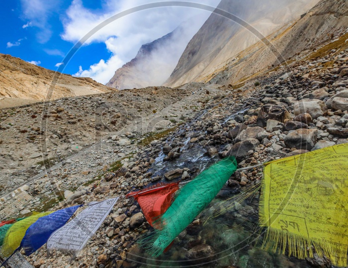 Prayer Flags amidst Hills around Leh Ladakh