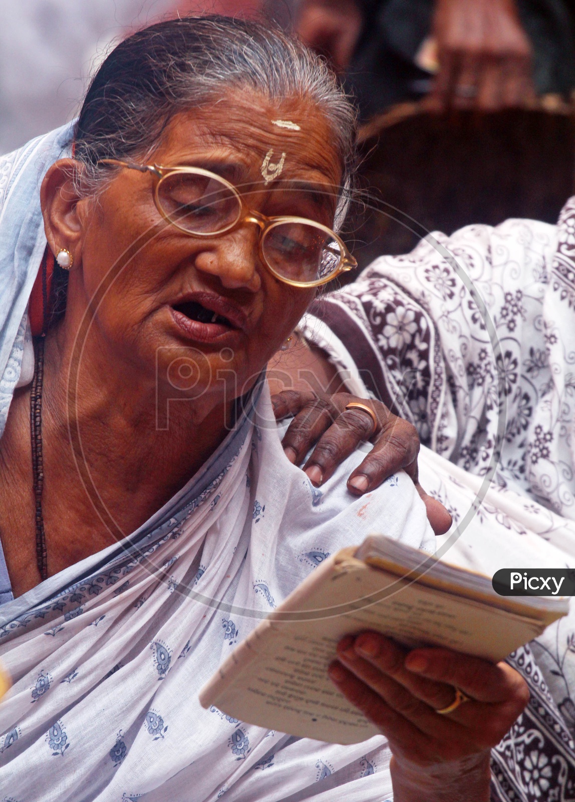 A Hindu widow chanting mantras from a book while worshiping Tulsi Devi, a goodess, worships in the form of plant.