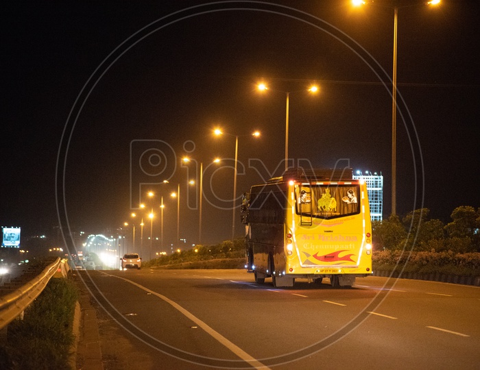 Private Travels Bus during Nights on NH16 Highway.