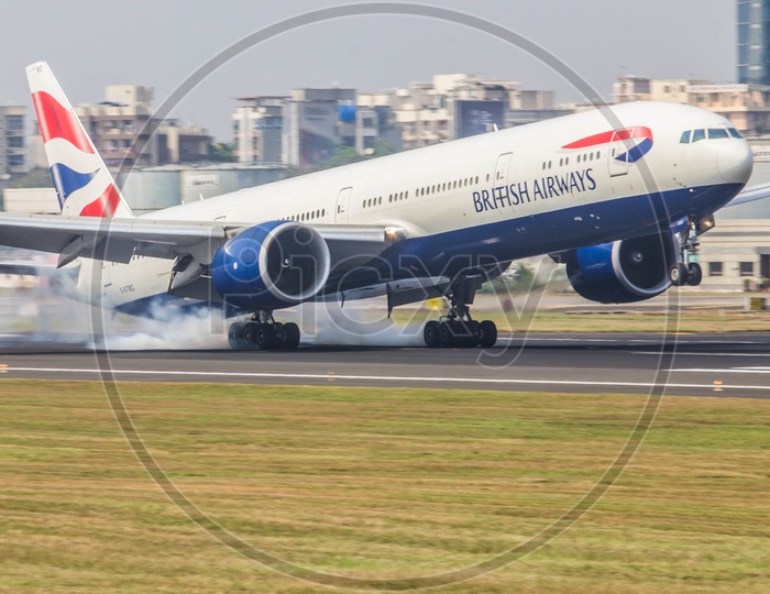 British airways B777 touching down after its flight from London.