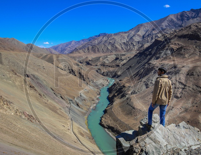 Traveller in  Hills and snowy Mountains of Leh -Ladakh