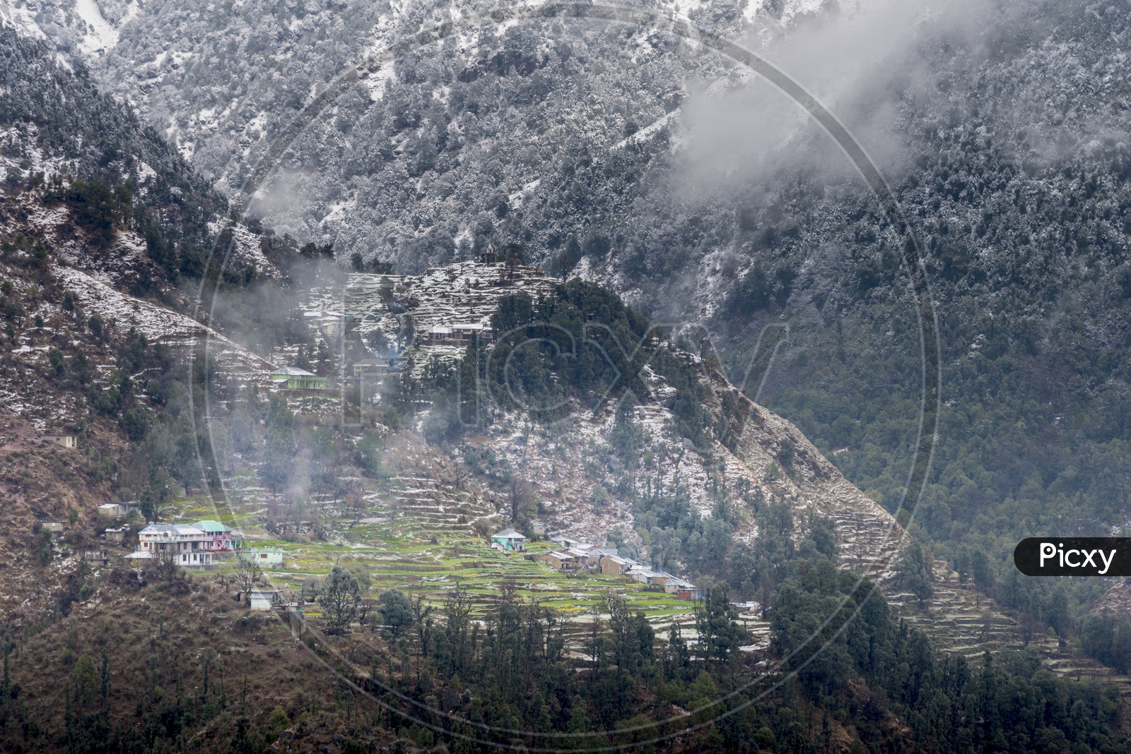 Village Surrounded by Snow Capped Mountains at Dharmasala, Himachal Pradesh
