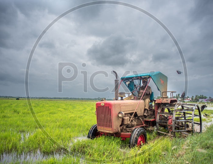 tractor in paddy fields