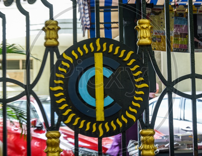 Logo of The Cricket Club of India on the entrance gate.